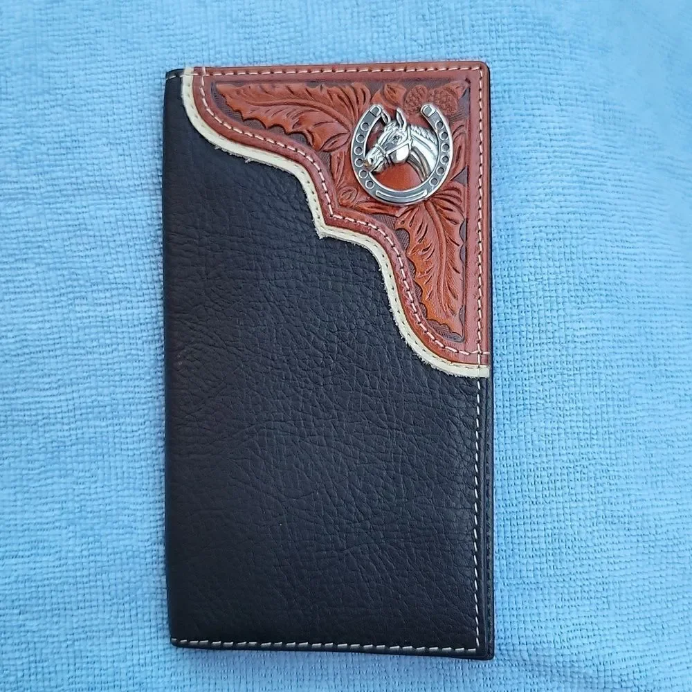 Western Genuine Leather Two Tone Checkbook Wallet Card Holder Horse Horseshoe